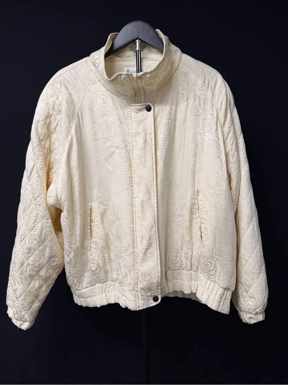 *Naked Silk* Vintage Quilted Cream Bomber Jacket with High Collar - 100% Silk